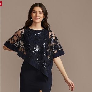 Sequin Capelet Jersey Sheath Dress in Navy